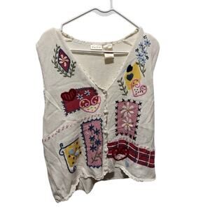 Vintage Bobbie Brooks Embroidered "Teacher" Vest Floral /Heart Design Womens XL